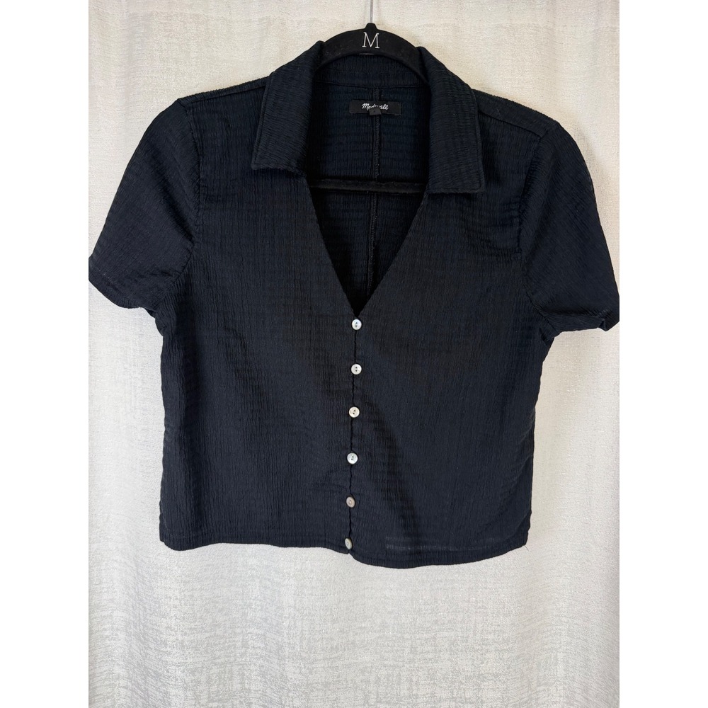 Madewell Black Textured Short Sleeve Button Down V-Neck Crop Top Womens Medium